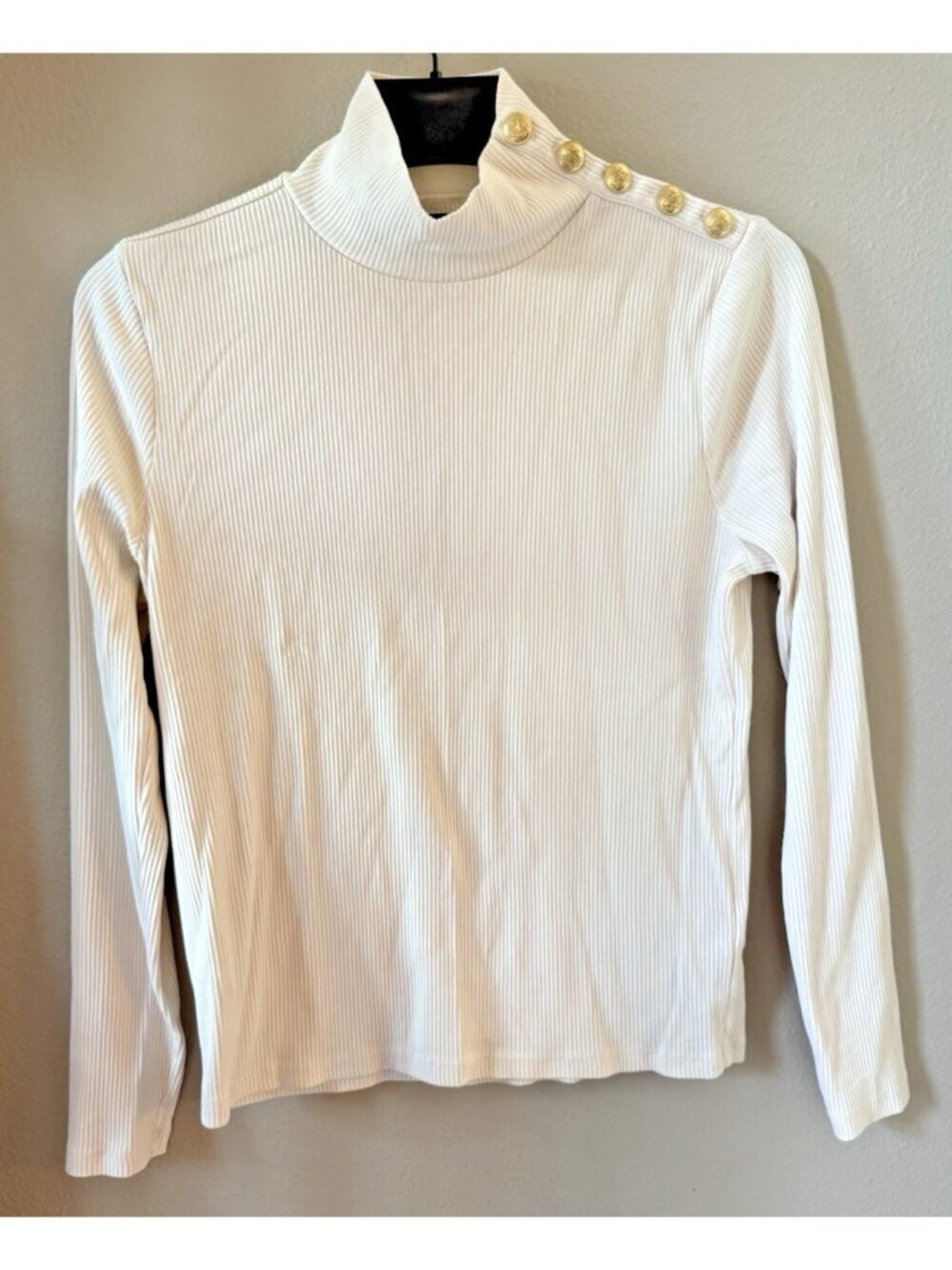 J.Crew Rib Turtleneck Top Women's Sz L White Mock Neck Gold Buttons Quiet Luxury